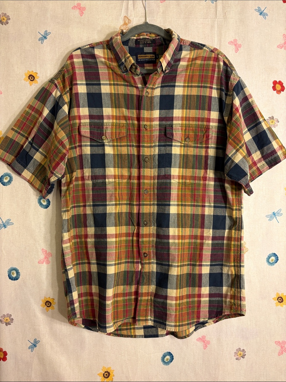 Panhandle Slim Short-Sleeve Plaid Button-Down Shirt - Navy, Red, Yellow